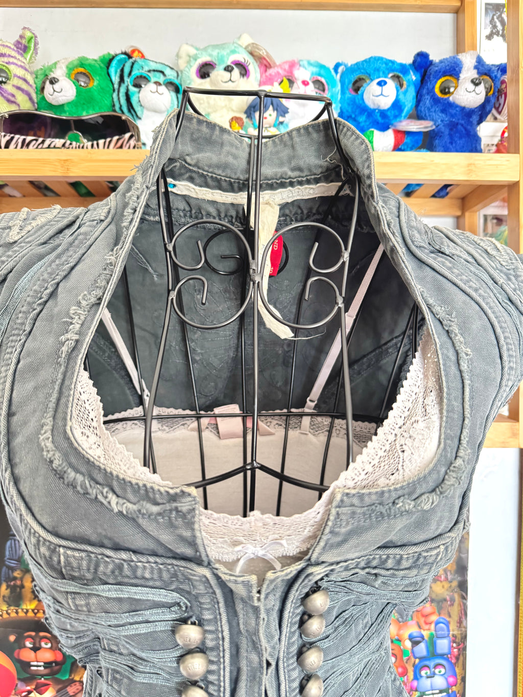 y2k vintage blueish grey denim distressed military inspired hook up waistcoat steampunk