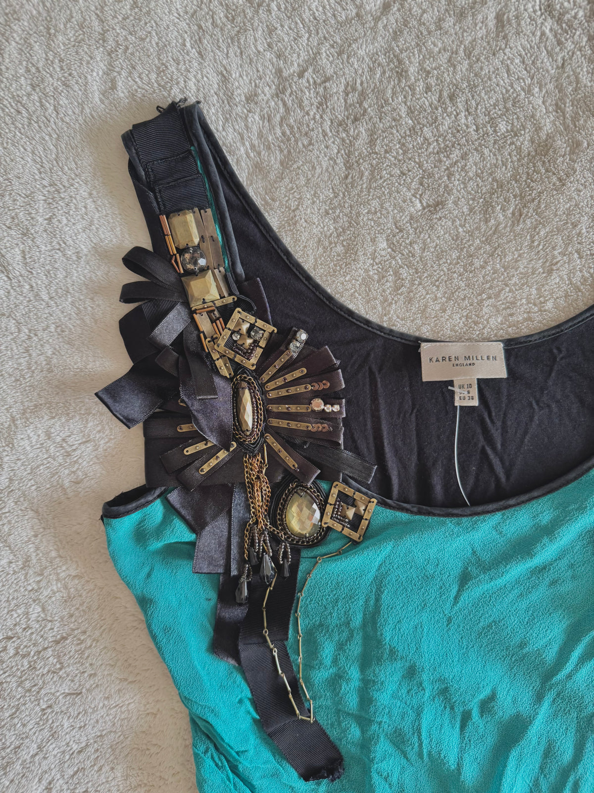 y2k vintage silk teal and black fitted asymmetrical hem vest top