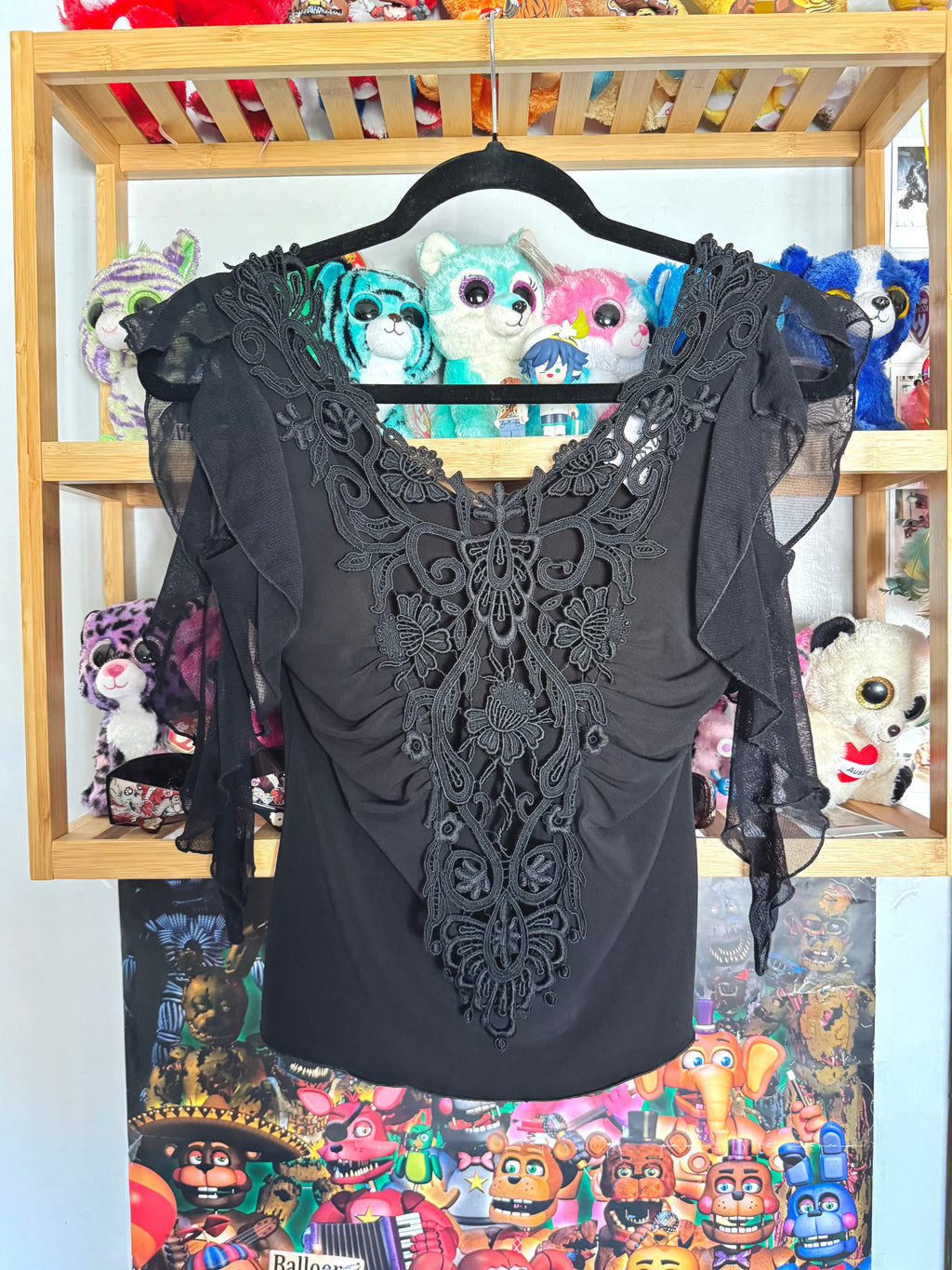 y2k vintage black mesh fitted top with lace front and tassel sleeves