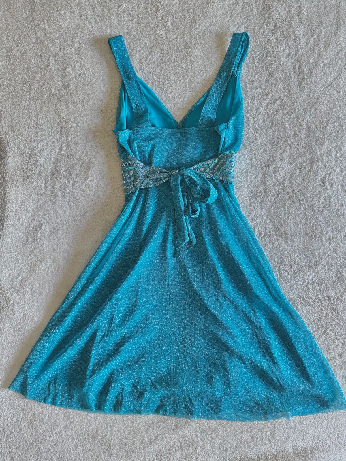 y2k vintage aqua blue shimmery tie back sequin mesh mini dress
