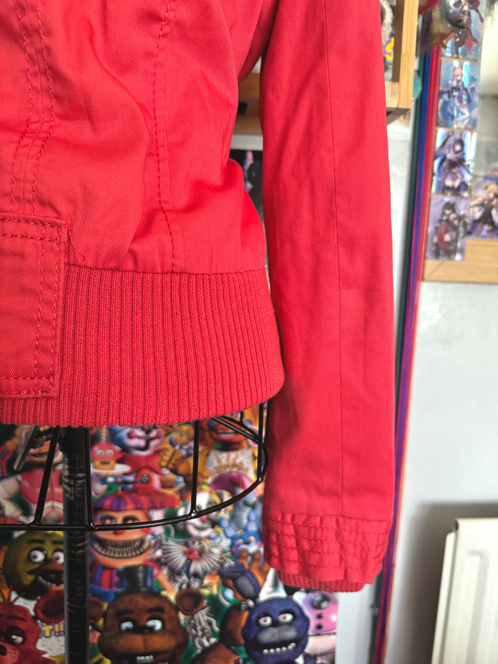 y2k vintage coral red fitted bomber jacket peacoat with zip pockets and chunky buttons
