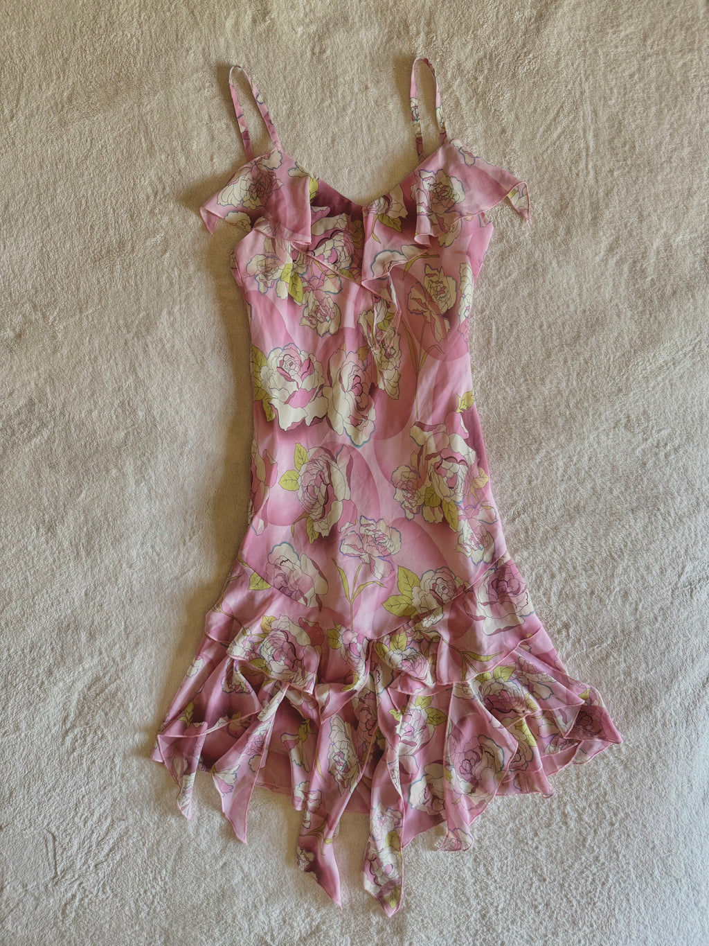 y2k vintage pink floral ruffled asymmetrical hem midi dress