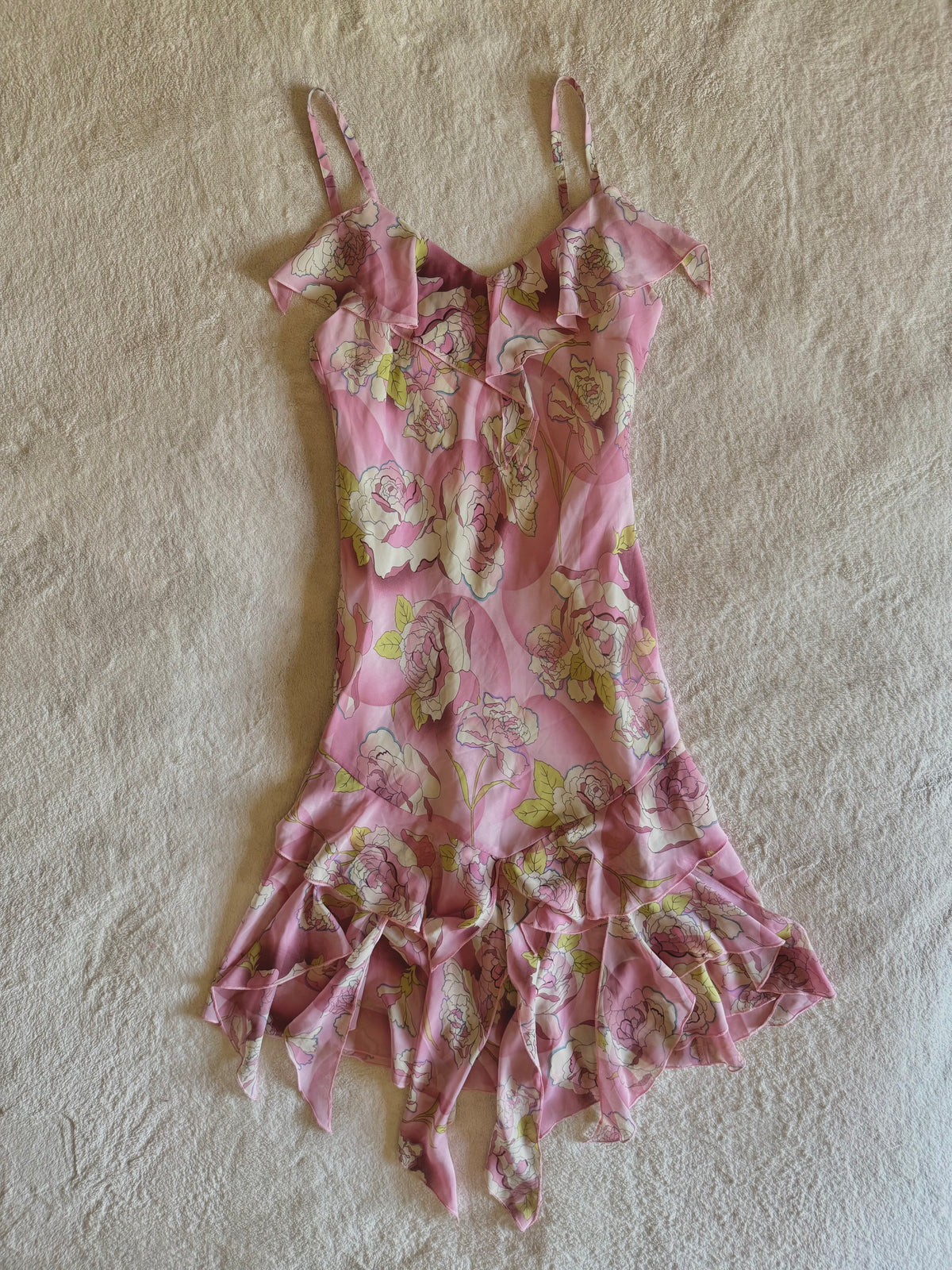 y2k vintage pink floral ruffled asymmetrical hem midi dress