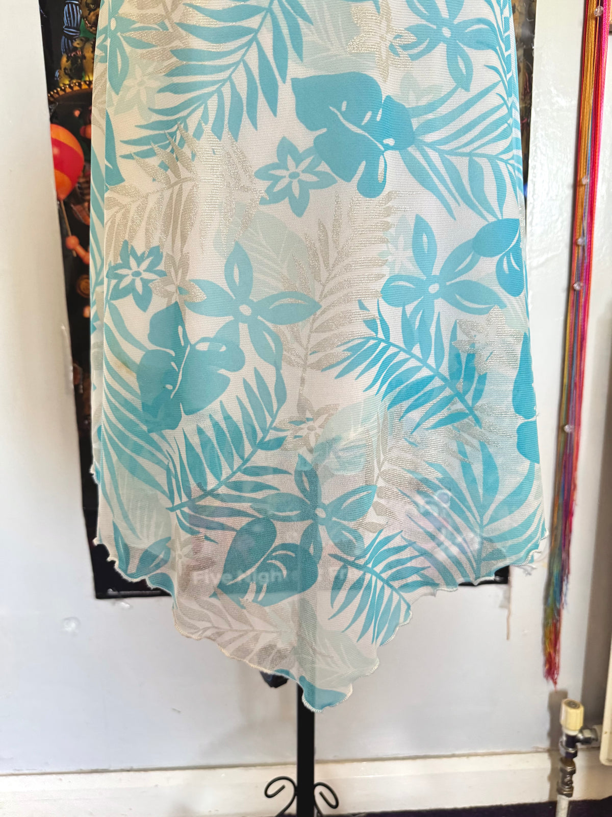 y2k vintage tie back turquoise blue mesh asymmetrical lettuce hem mini dress