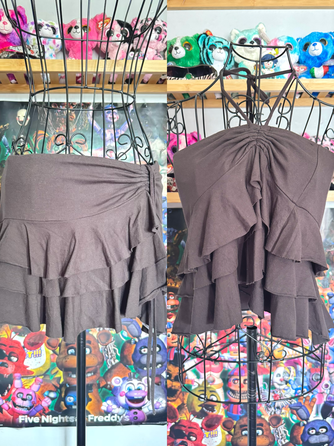 y2k vintage chocolate brown ruffle tiered mini skirt or floaty halter top fairycore