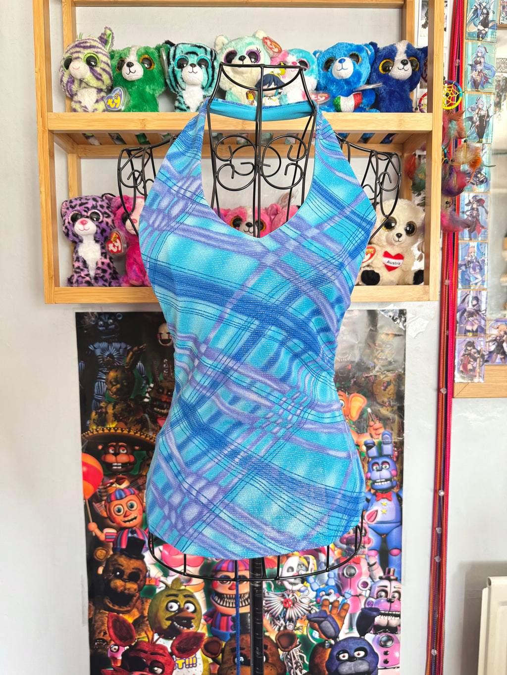 y2k vintage aqua blue fitted halterneck tie back top with glittery shimmer throughout