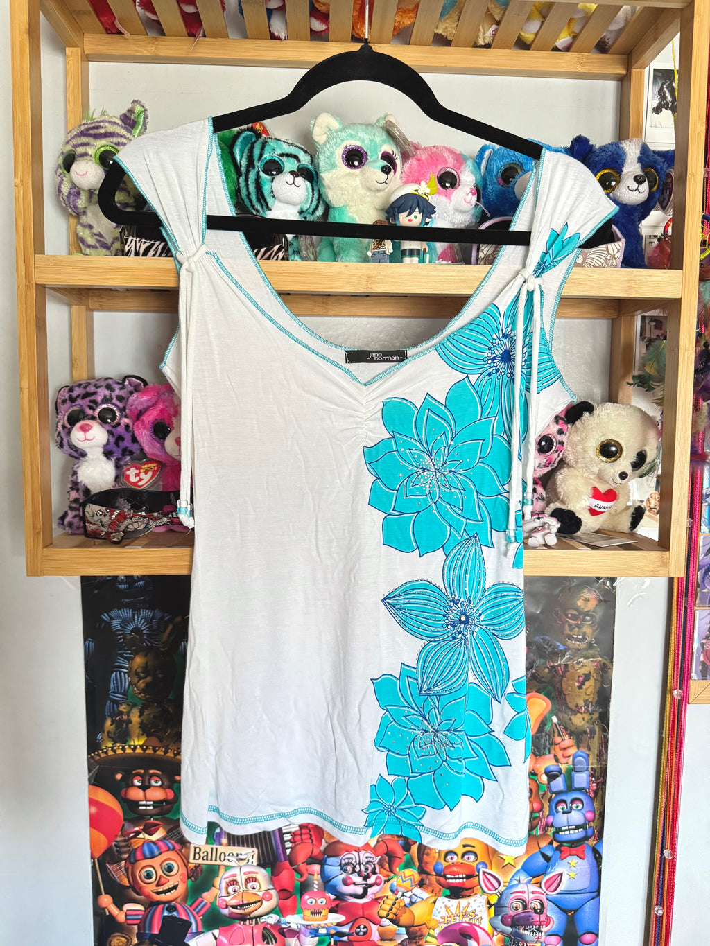 y2k vintage turquoise floral print fitted cami top with ruched detail, rhinestones and sleeve tassels