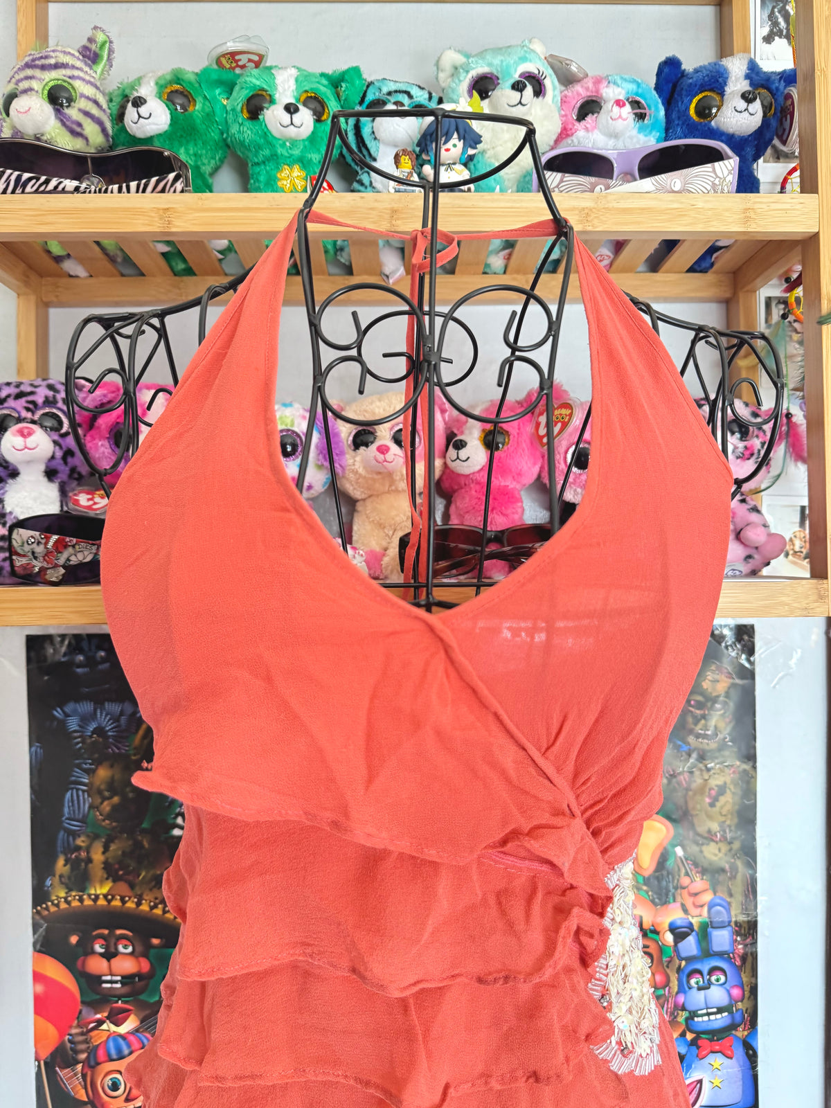 y2k vintage coral pink silk halter cami top with asymmetrical hem and tiered ruffles