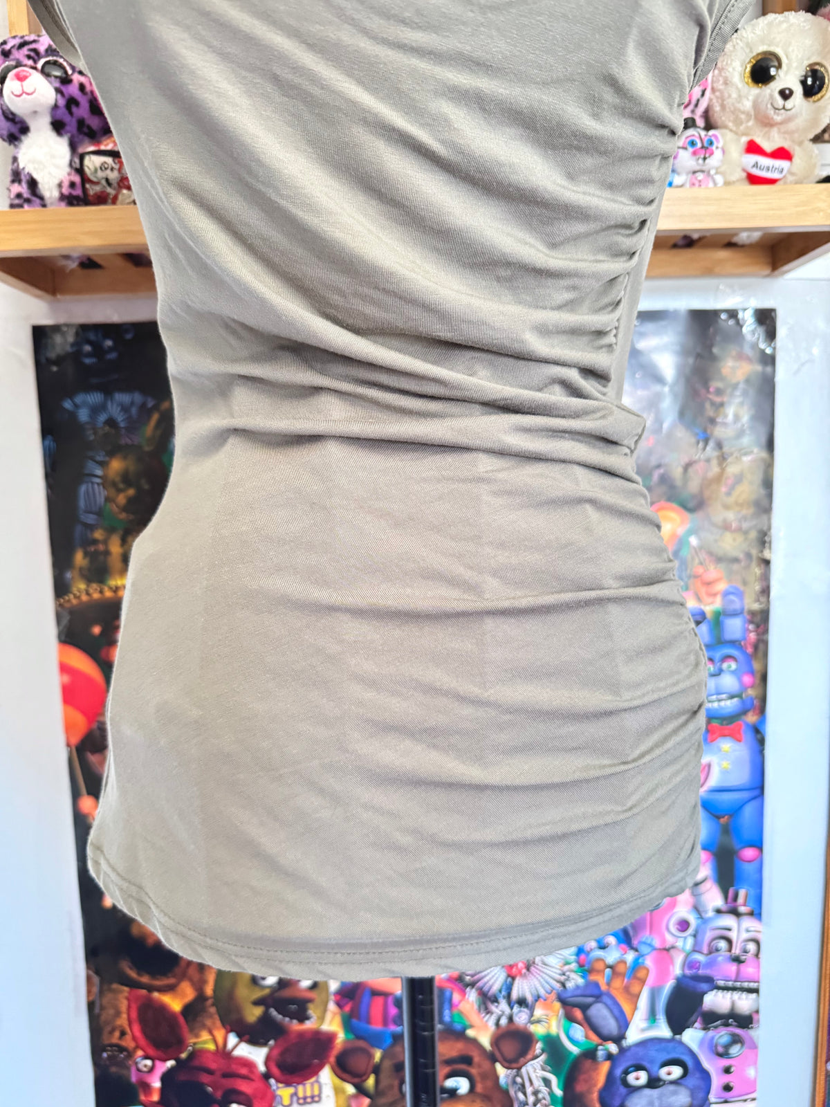 y2k vintage khaki green ruched fitted off shoulder fitted top with golden buckle detail