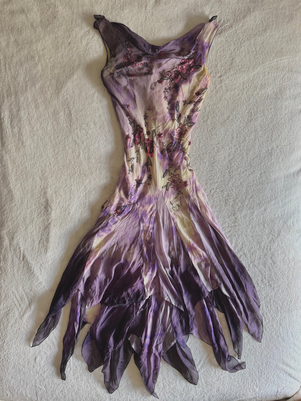 y2k vintage violet purple whimsical silk floral beaded hanky hem cowl neck maxi dress fairy