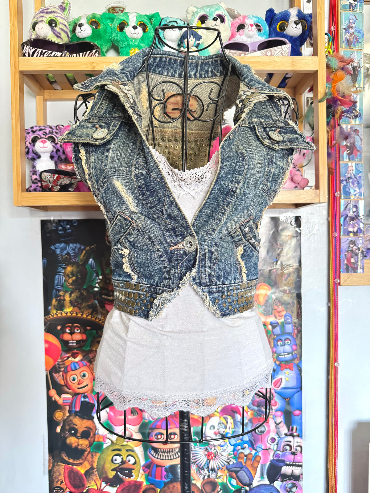 y2k vintage medium wash denim sleeveless waistcoat with studs and punk details