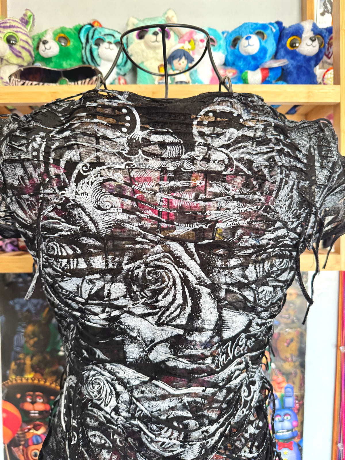 y2k vintage insane slashed graphic rose print sheer fitted tee grunge