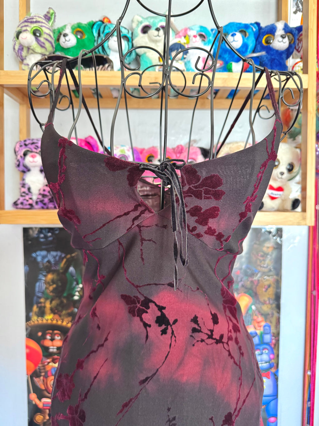 y2k vintage red and black velvet floral midi dress