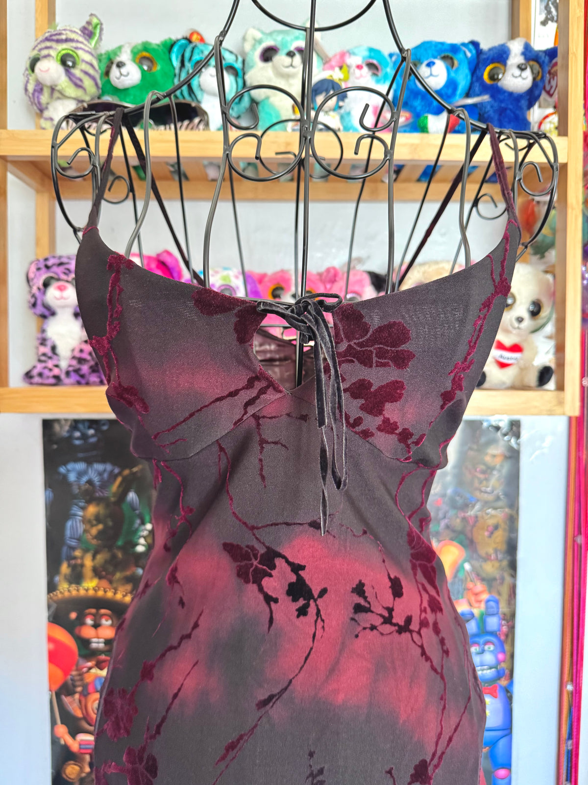 y2k vintage red and black velvet floral midi dress