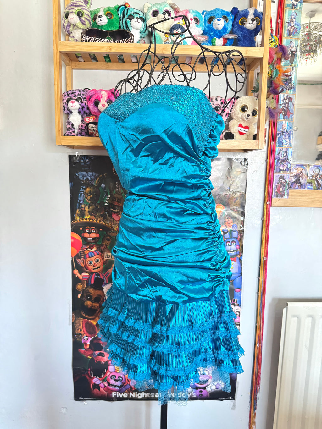 y2k vintage bnwt deadstock satin blue ruched strapless mini dress