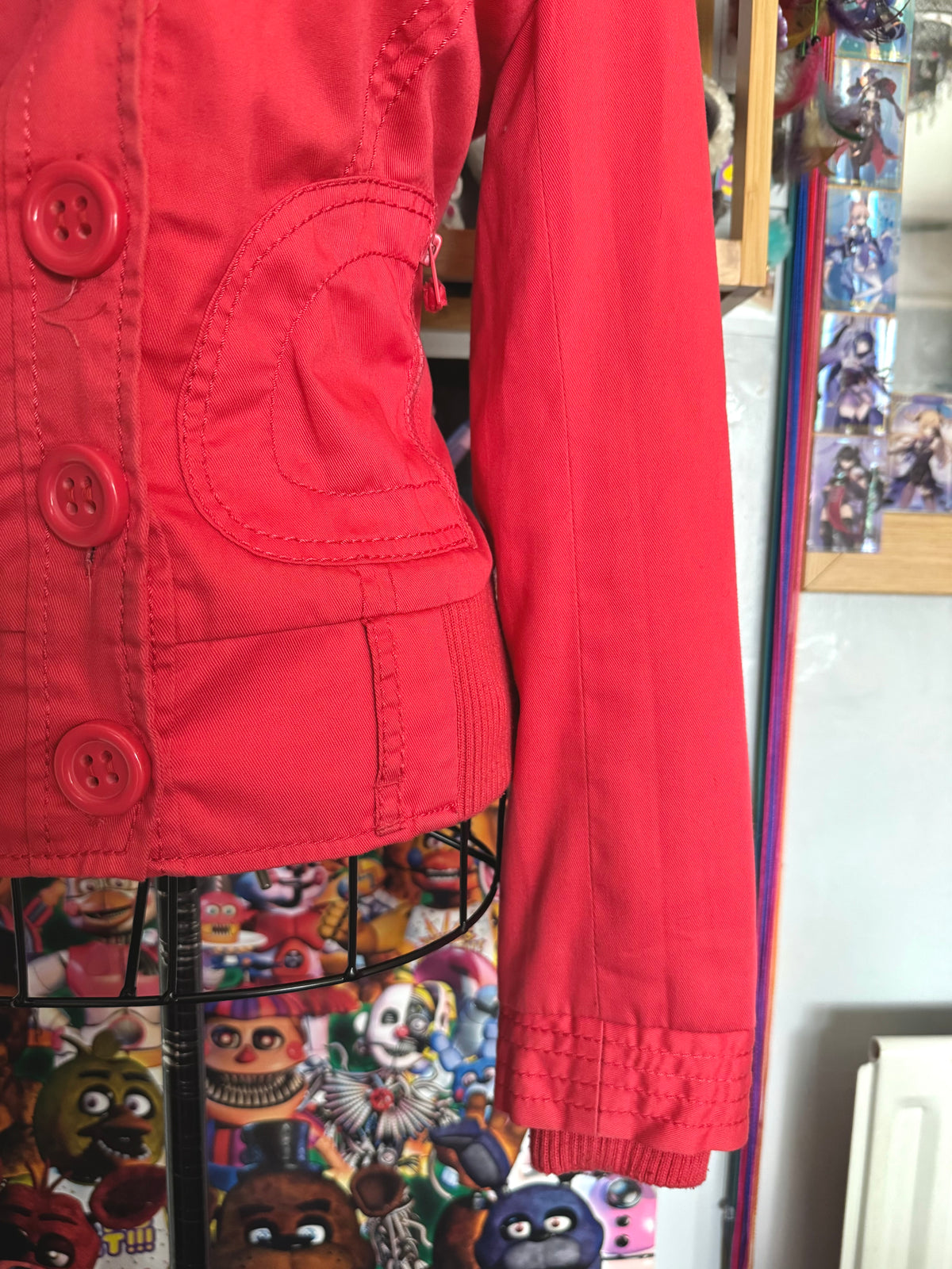 y2k vintage coral red fitted bomber jacket peacoat with zip pockets and chunky buttons