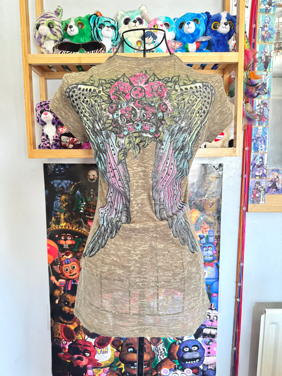 y2k vintage khaki green fitted sheer insane graphic top with crown, wings and rhinestones