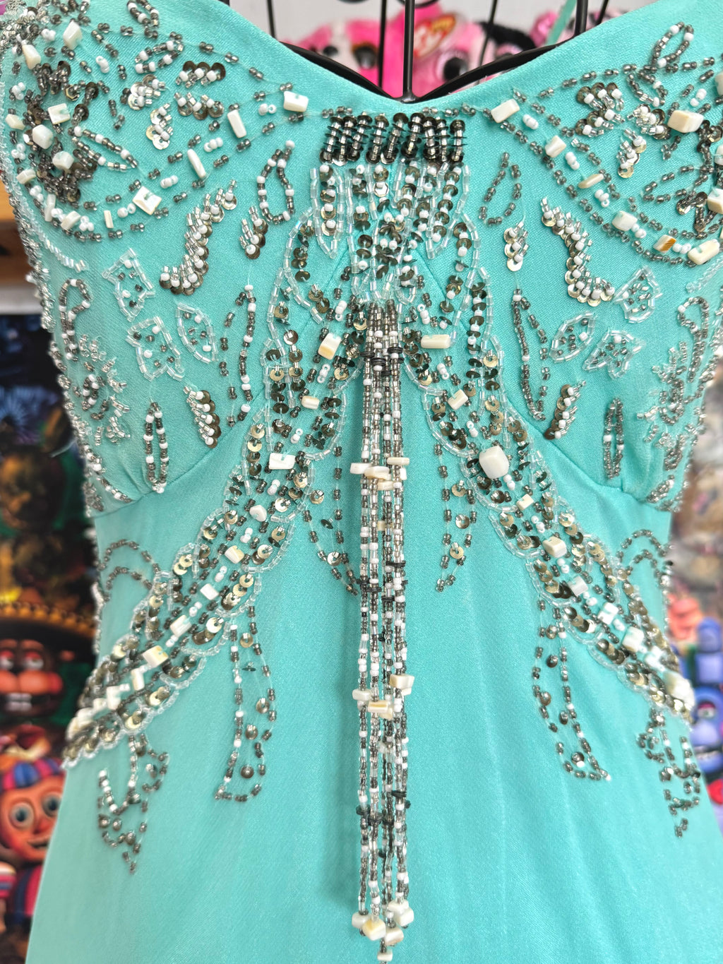 vintage 90’s turquoise blue silk heavily beaded handmade fishtail maxi dress mermaid core