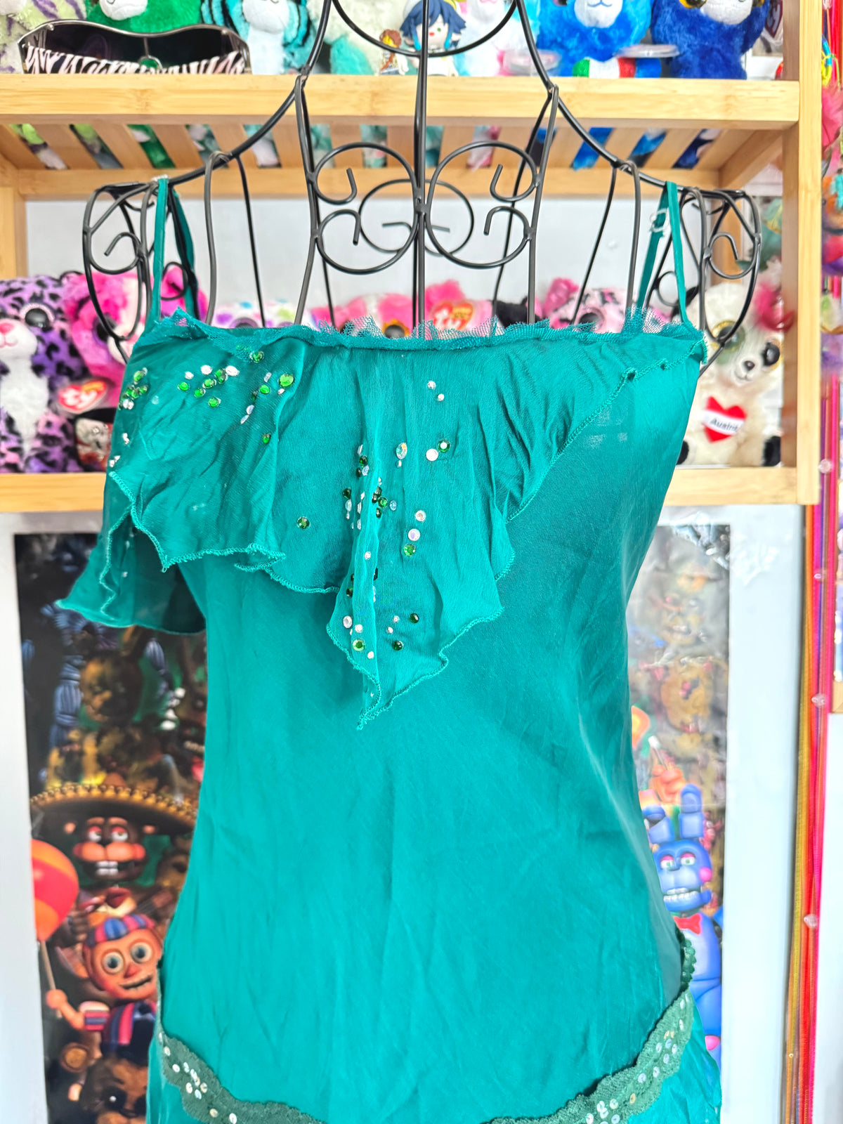 y2k vintage asymmetrical fairycore midi dress with sequins, lace panels and earthy tone