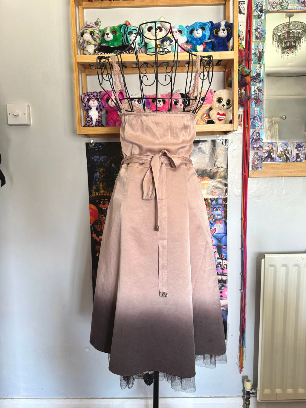 y2k vintage silk dusky pink and brown ombre fitted midi dress fit and flare with blossoms