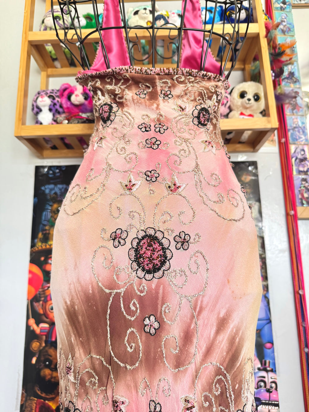 90’s vintage silk pink and brown beaded floral pattern halterneck mini dress fairycore