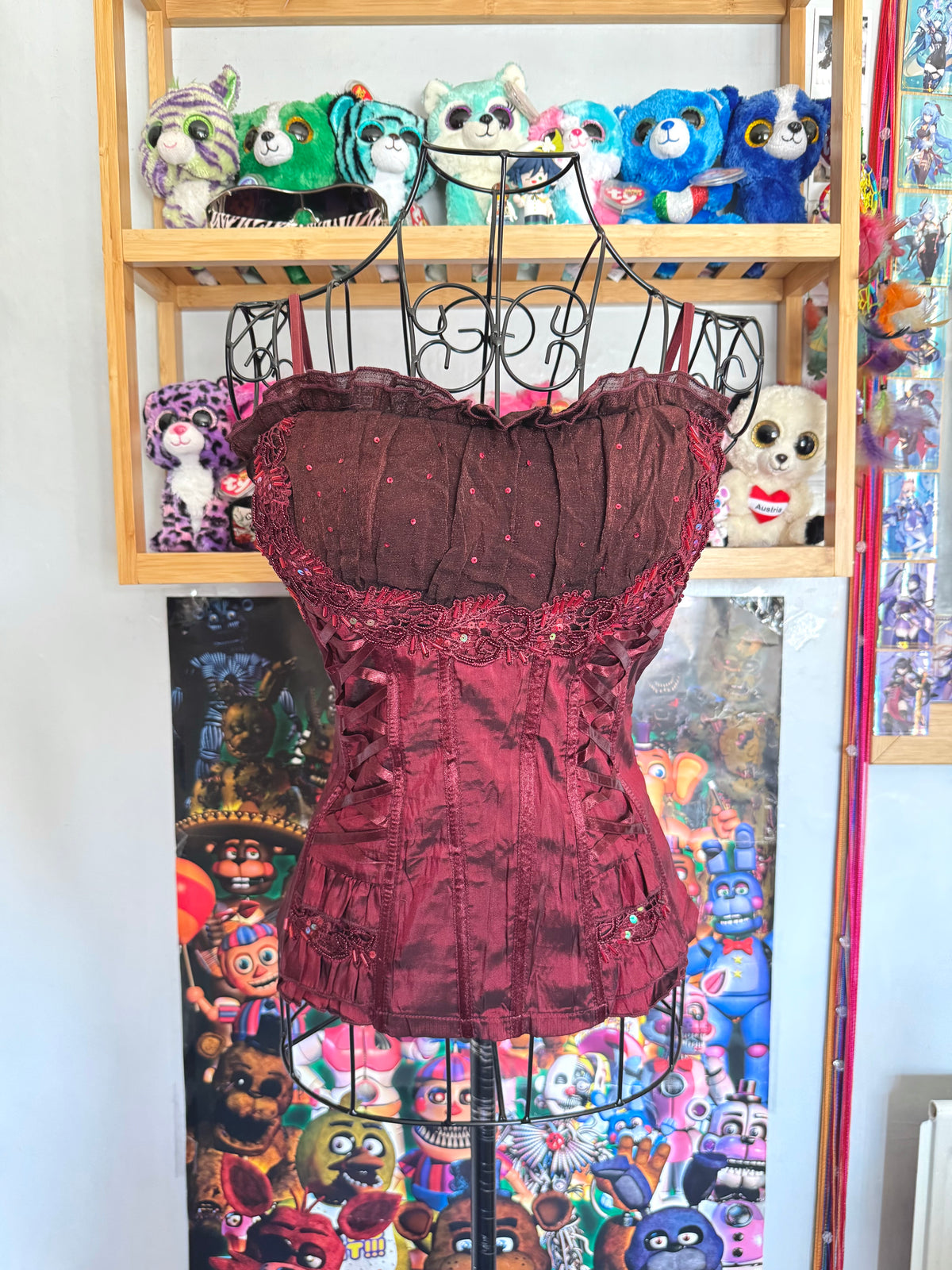 y2k vintage crimson red lace up look sequin embellished boned and fitted corset top