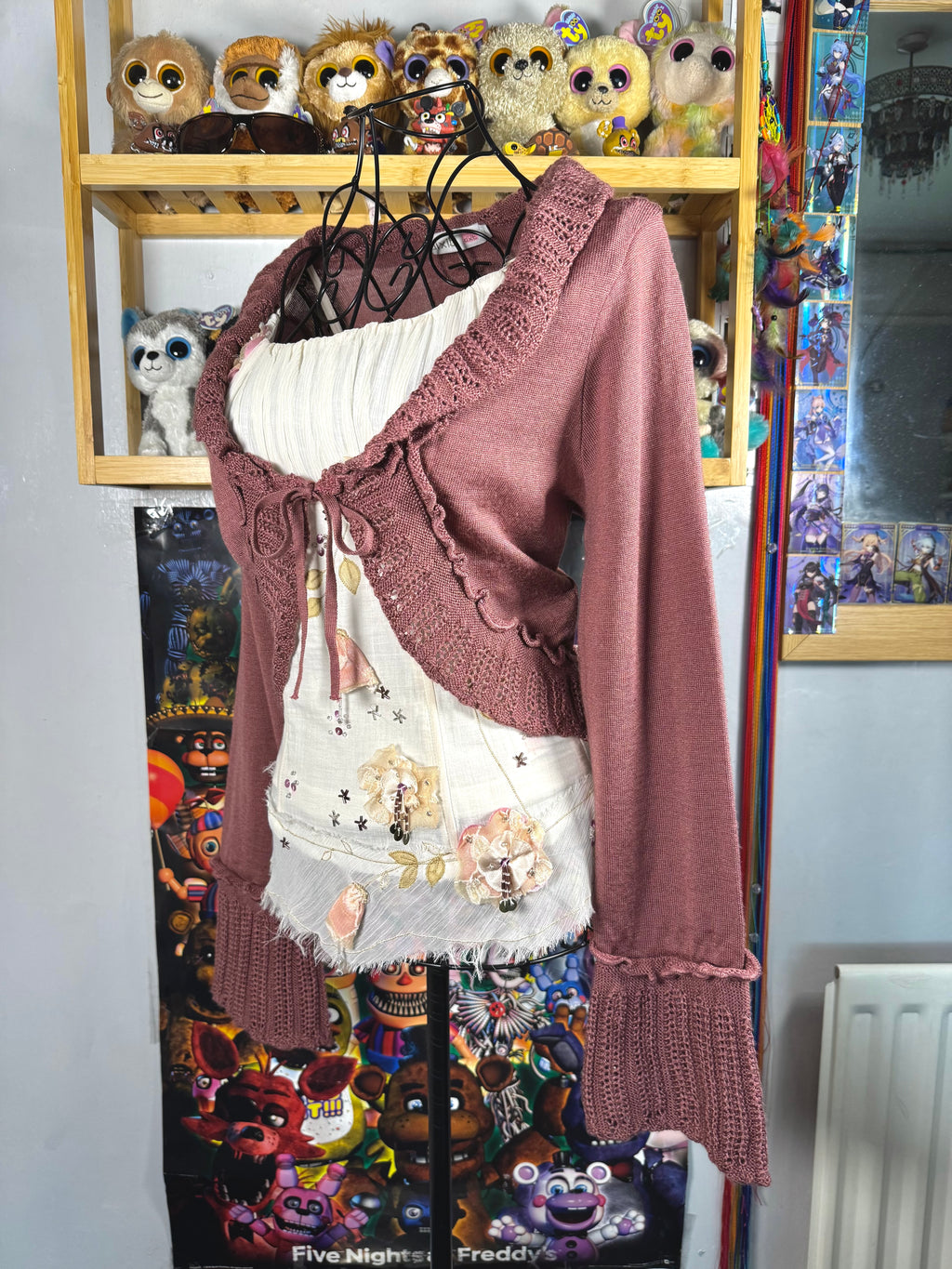 y2k vintage dusty pink fitted cropped tie front flared sleeve cardigan