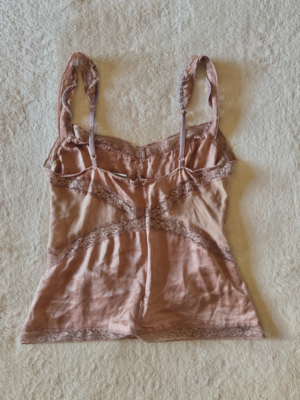 y2k vintage silk dusky pink fitted floral lace trim cami top