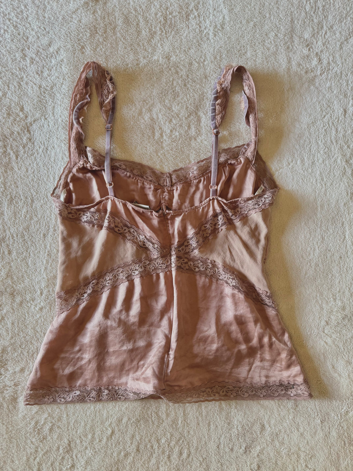 y2k vintage silk dusky pink fitted floral lace trim cami top