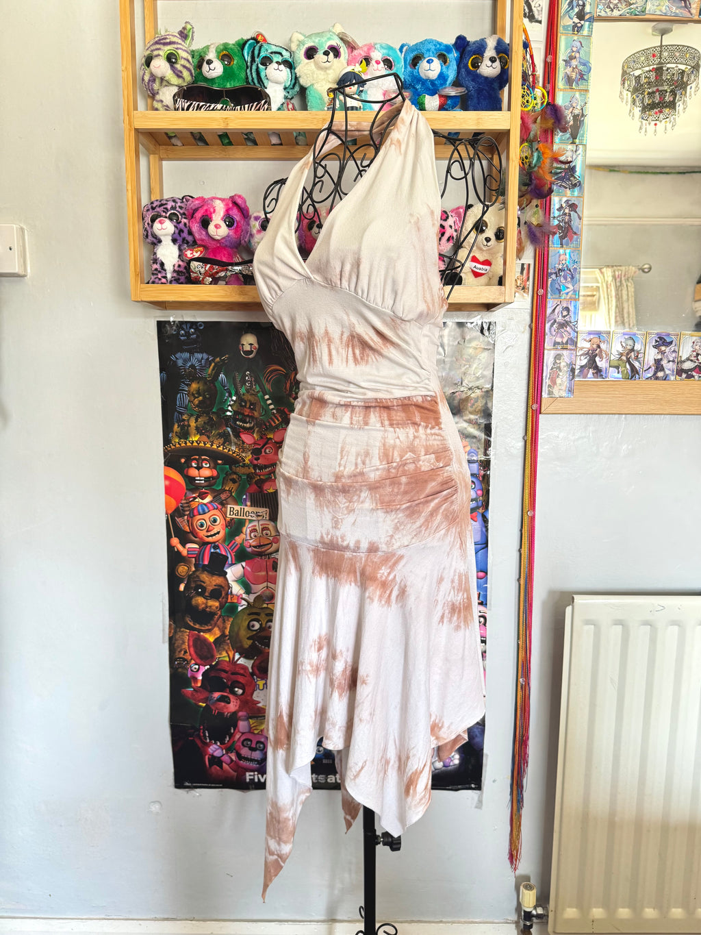 y2k vintage tie dye fitted halter midi dress with asymmetrical fairy hem