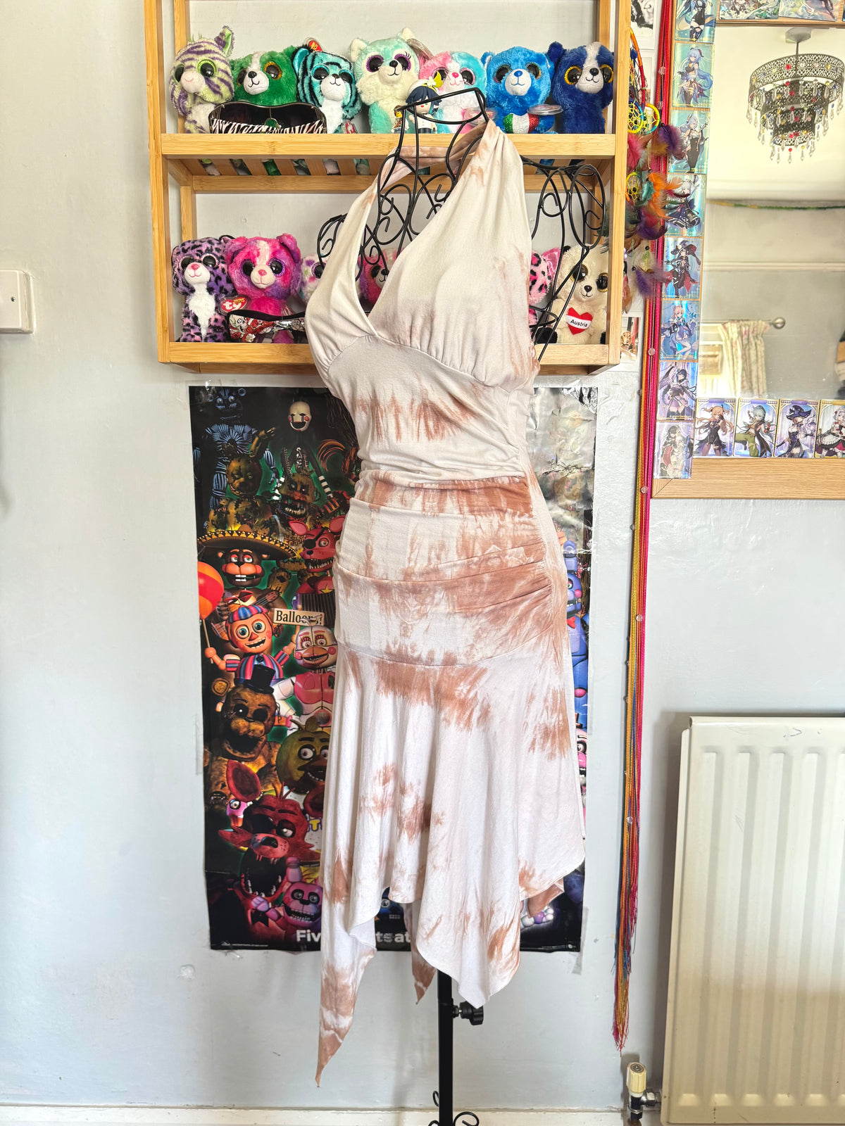 y2k vintage tie dye fitted halter midi dress with asymmetrical fairy hem