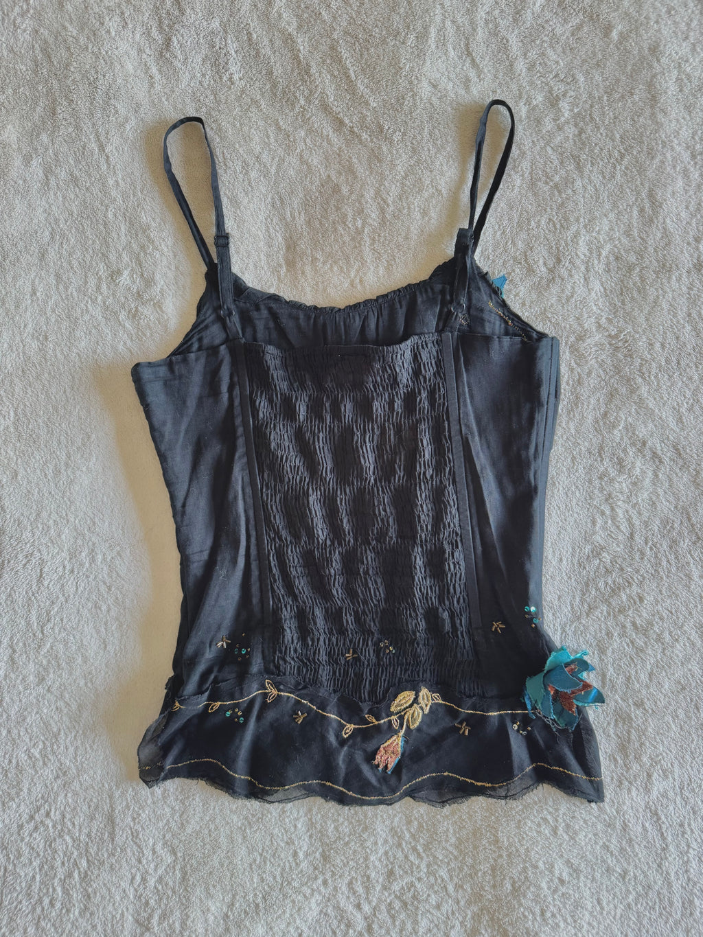 y2k vintage boned and fitted black cami top with floral embroidery