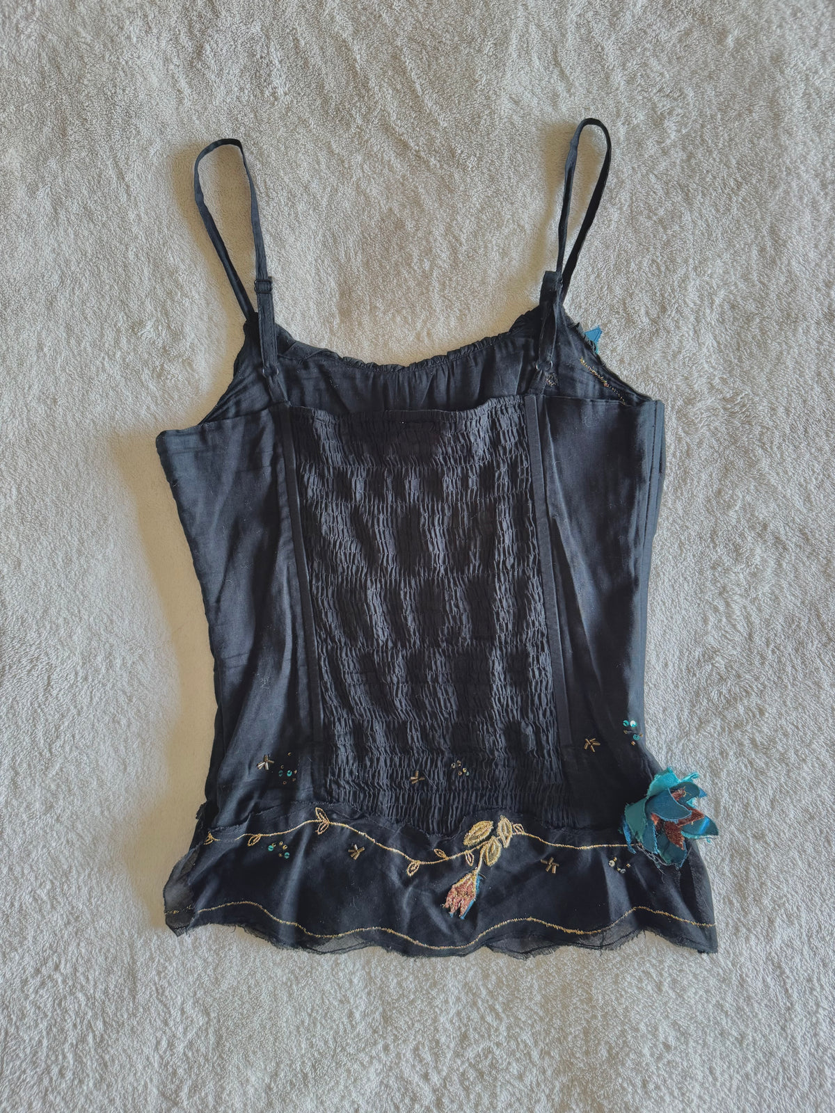 y2k vintage boned and fitted black cami top with floral embroidery