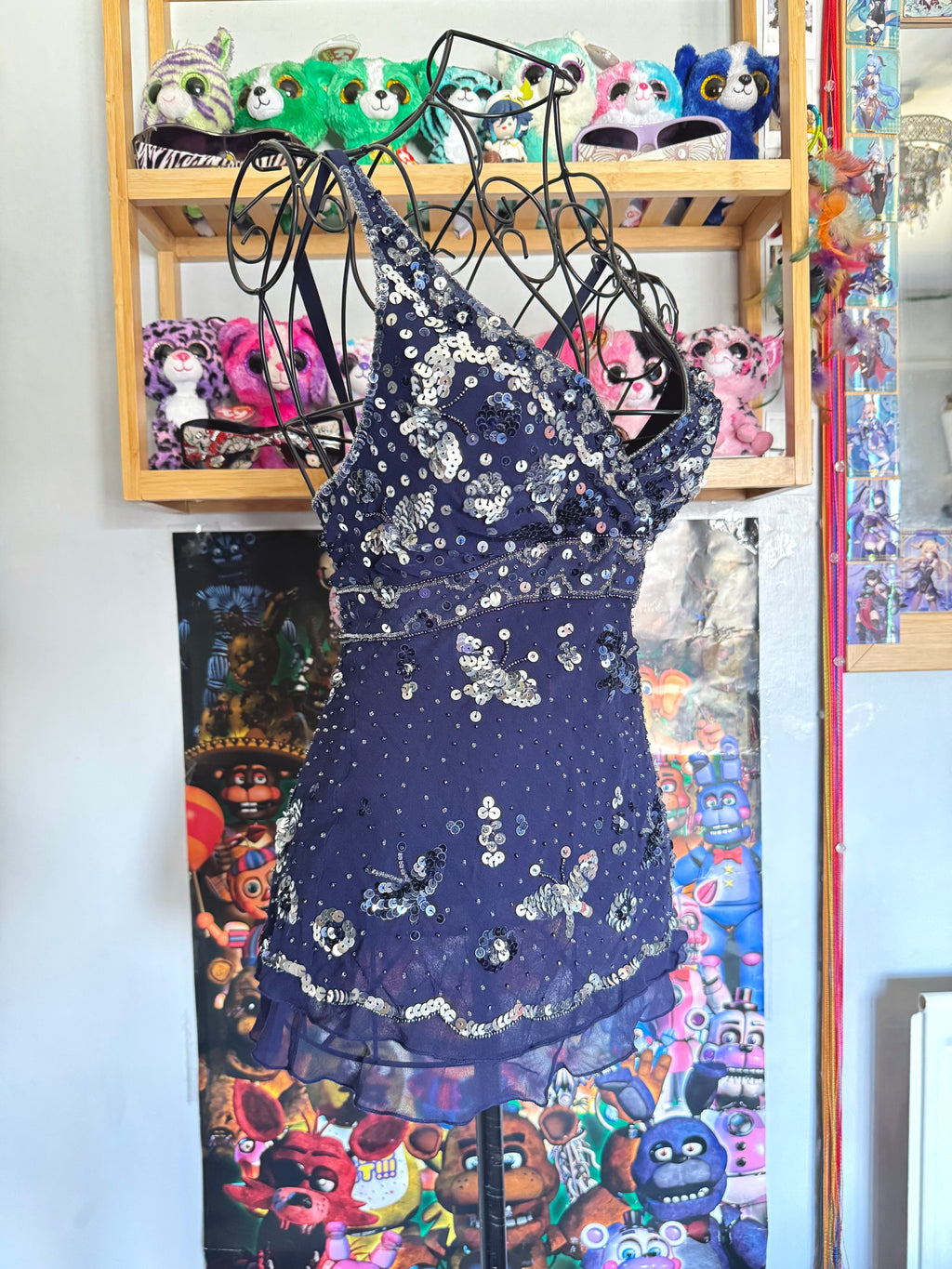 y2k vintage silk royal blue crisscross back fitted slightly cropped cami with butterfly sequins