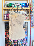 y2k vintage bnwt deadstock beige fitted layered silk cami top with feathering and sequins