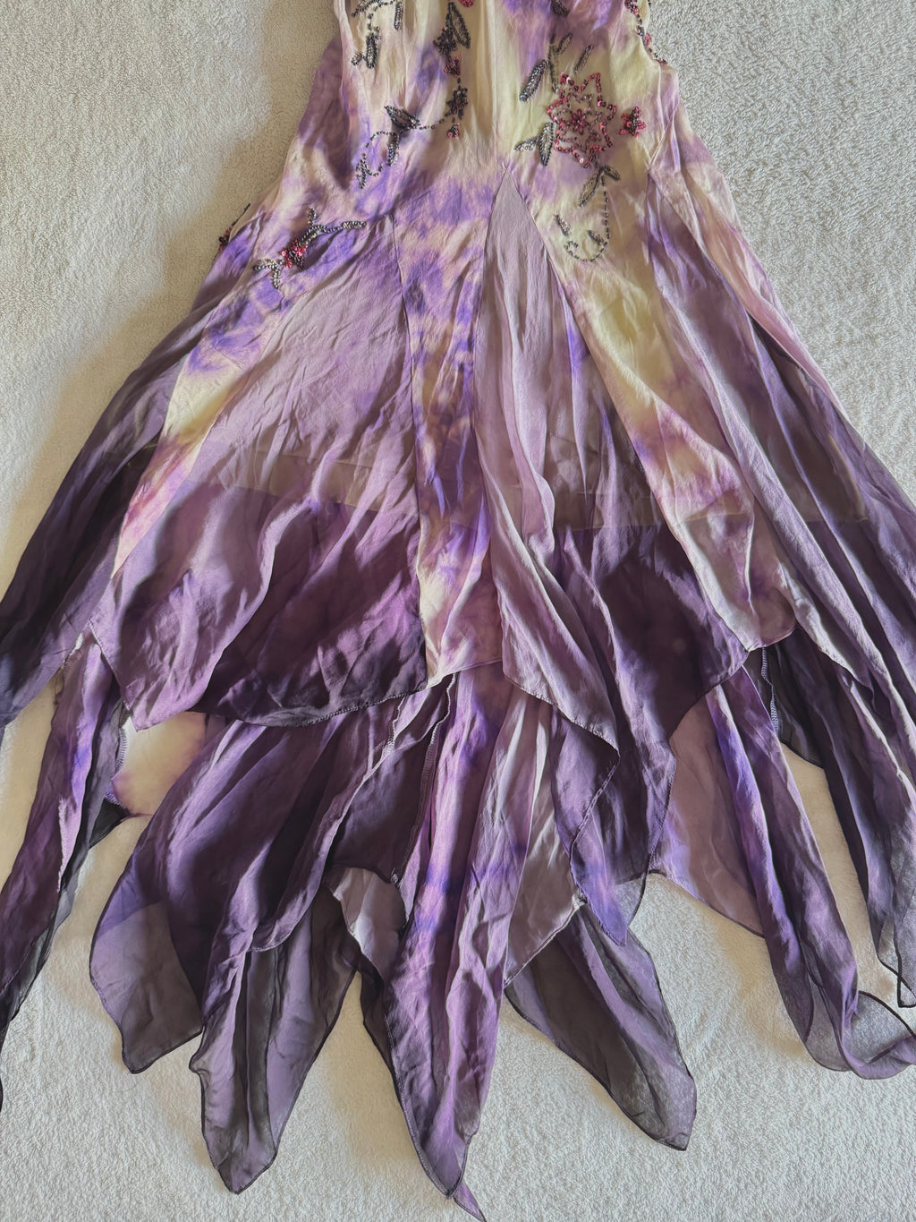 y2k vintage violet purple whimsical silk floral beaded hanky hem cowl neck maxi dress fairy